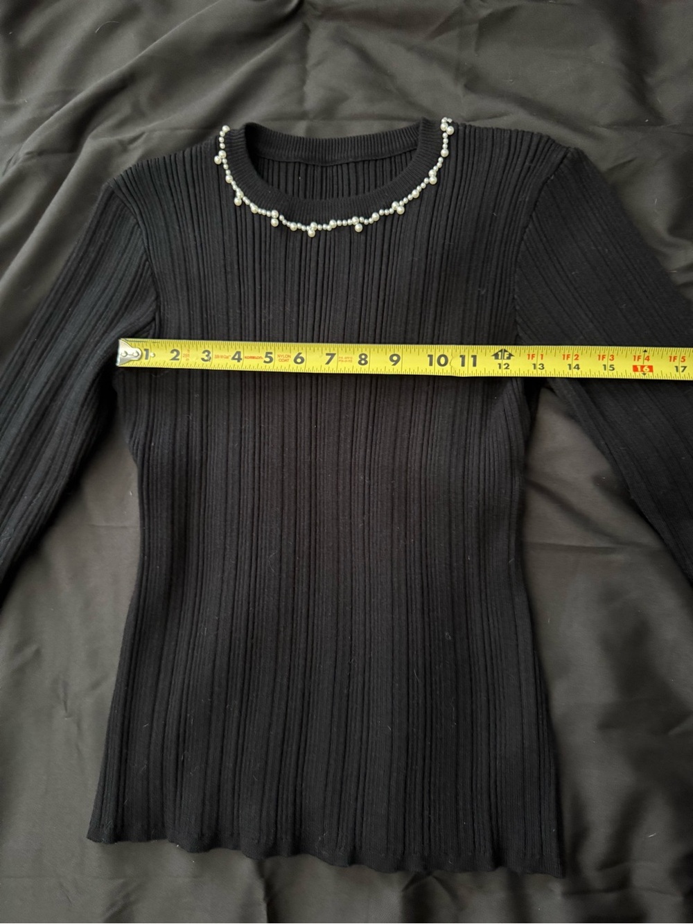 Commense Black Ribbed Long-Sleeve Top with Pearl Trim Size Large - Picture 5 of 6